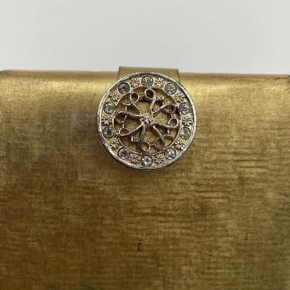 Vintage Gold Tone Metal Rhinestone Clasp Mirror Powder Compact Box Avon Imperial